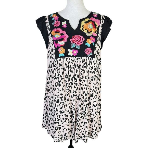 Savanna Jane Cheetah Print Flower Embroidered Mini Bohemian Tunic Shift Dress - Picture 2 of 12